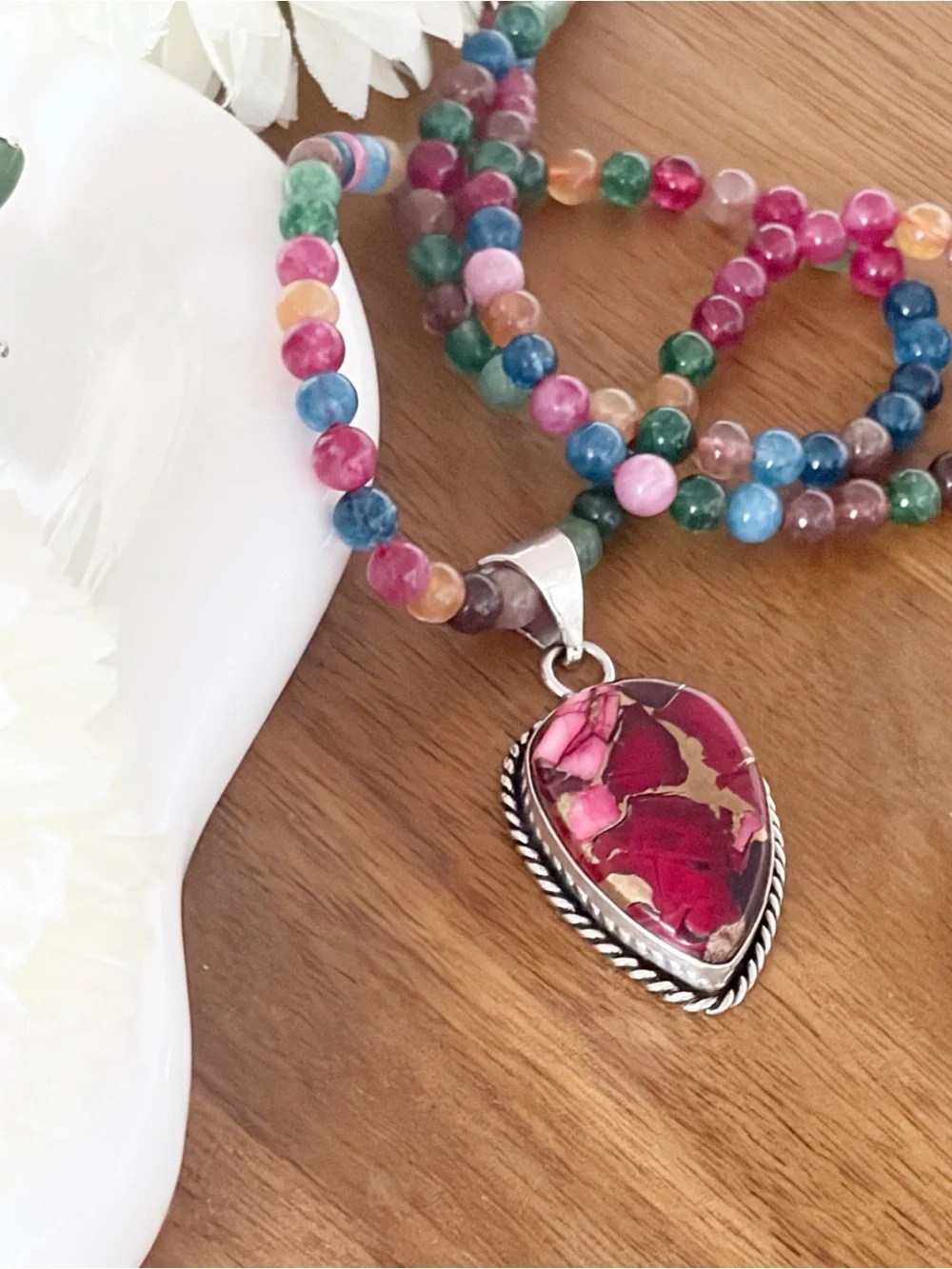 Genuine Rose Dahlia Turquoise Pendant Necklace New Sterling Silver 925 Overlay